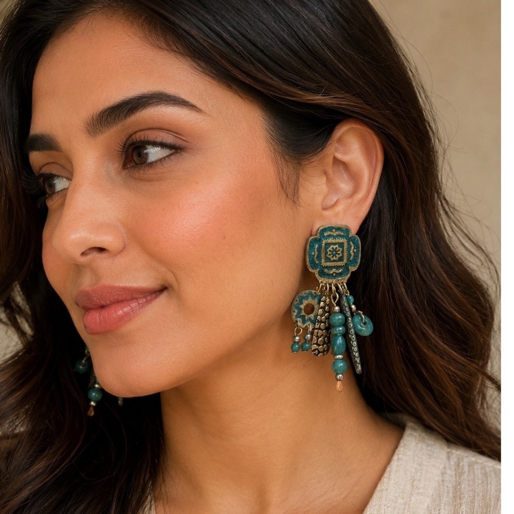 Bohemian Verdigris Patina Mixed Metal Teal Bead Drop Statement Earrings Post
